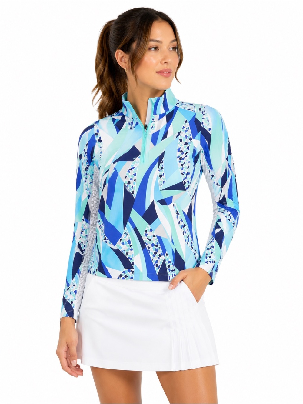 IBKÜL Briana Mock Neck Zip Golf Top Medium UPF 50 IceFil Cooling Blue Print